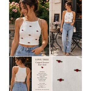 Love Tree L Cropped Sweater Knit Tank Rose Applique Coquette Cottagecore